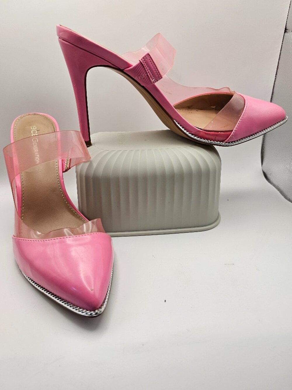 BCBGeneration Hunnie Pink Patent & Clear Vinyl Pointed Toe Stiletto Mules, Sz 9